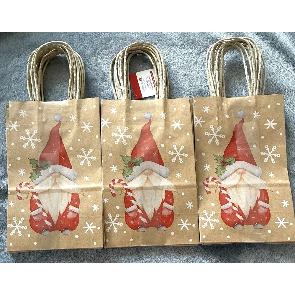 Christmas Gift Bags Gnome Design 18 Total Small Kraft Bags 8” Holiday